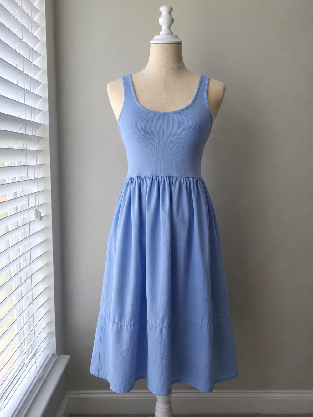 Zara Light Blue Ribbed Scoop Neck Midi Dress